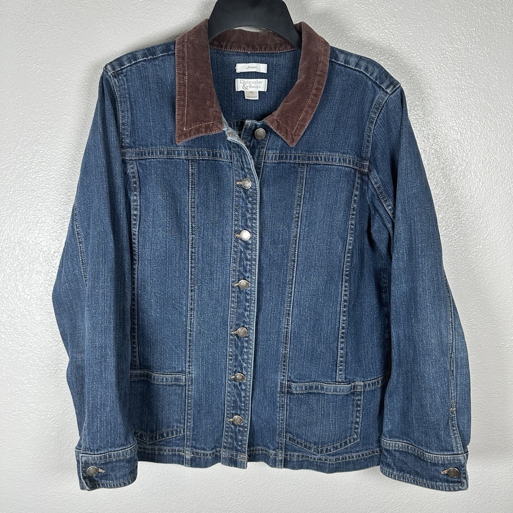 Christopher & Banks Denim Jean Chore Jacket Sz XL Brown Corduroy Collar Stretch